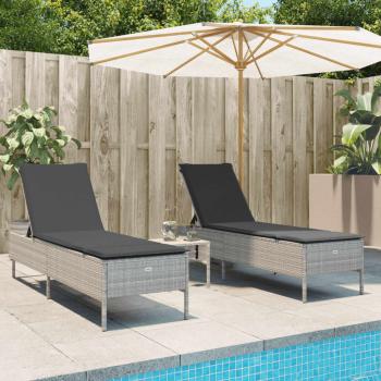 ARDEBO.de - 3-tlg. Sonnenliegen-Set mit Auflage Hellgrau Poly Rattan