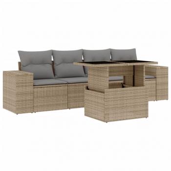 5-tlg. Garten-Sofagarnitur mit Kissen Beige Poly Rattan