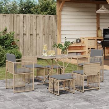 ARDEBO.de - 7-tlg. Garten-Essgruppe mit Kissen Beige Poly Rattan