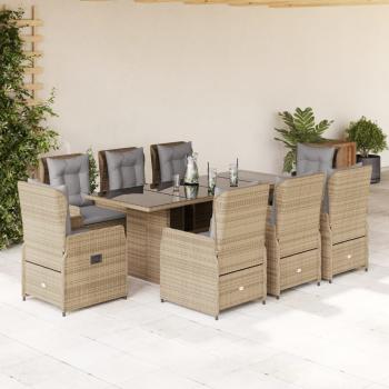 ARDEBO.de - 9-tlg. Garten-Essgruppe mit Kissen Beige Poly Rattan