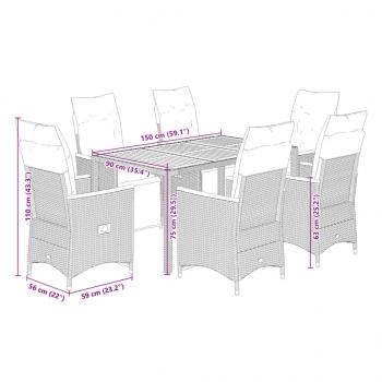 7-tlg. Garten-Bistro-Set mit Kissen Grau Poly Rattan