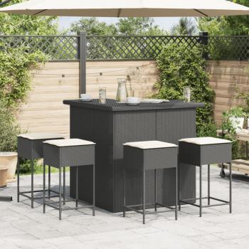 5-tlg. Gartenbar-Set mit Kissen Schwarz Poly Rattan