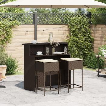 3-tlg. Gartenbar-Set mit Kissen Braun Poly Rattan