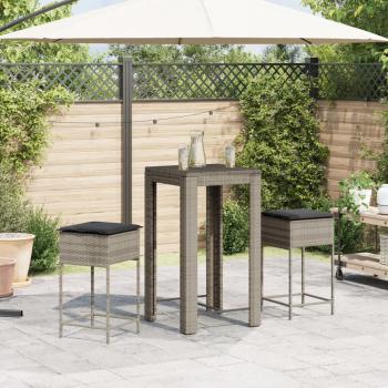 3-tlg. Gartenbar-Set mit Kissen Grau Poly Rattan