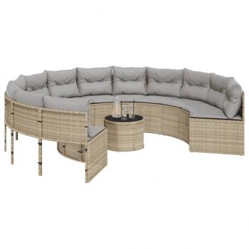 Gartensofa mit Tisch und Kissen Rund Beige Poly-Rattan