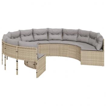 Gartensofa mit Tisch und Kissen Rund Beige Poly-Rattan