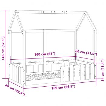 Kinderbett Hausbett Wachsbraun 80x160 cm Massivholz Kiefer