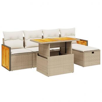 6-tlg. Garten-Sofagarnitur mit Kissen Beige Poly Rattan