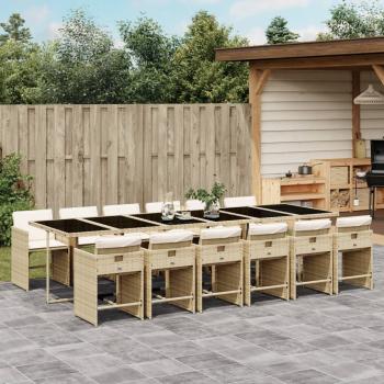 ARDEBO.de - 13-tlg. Garten-Essgruppe mit Kissen Beige Poly Rattan