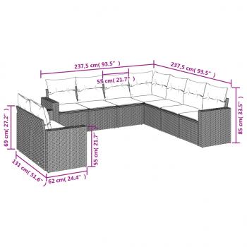 9-tlg. Garten-Sofagarnitur mit Kissen Hellgrau Poly Rattan