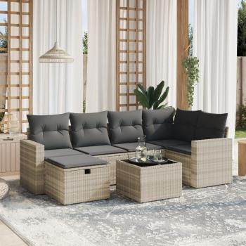 ARDEBO.de - 7-tlg. Garten-Sofagarnitur mit Kissen Hellgrau Poly Rattan