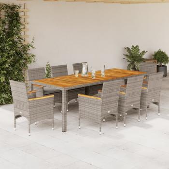 ARDEBO.de - 9-tlg. Garten-Essgruppe mit Kissen Grau Poly Rattan Akazie