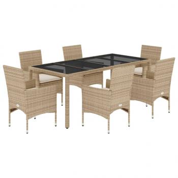 7-tlg. Garten-Essgruppe mit Kissen Beige Poly Rattan und Glas