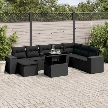 ARDEBO.de - 9-tlg. Garten-Sofagarnitur mit Kissen Schwarz Poly Rattan