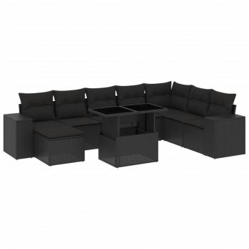 9-tlg. Garten-Sofagarnitur mit Kissen Schwarz Poly Rattan