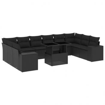 11-tlg. Garten-Sofagarnitur mit Kissen Schwarz Poly Rattan