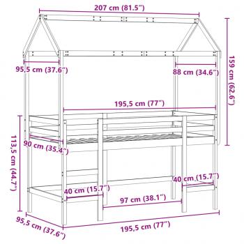 Hochbett mit Leiter und Dach 90x190 cm Massivholz Kiefer