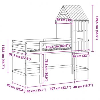 Hochbett mit Leiter und Dach 90x200 cm Massivholz Kiefer