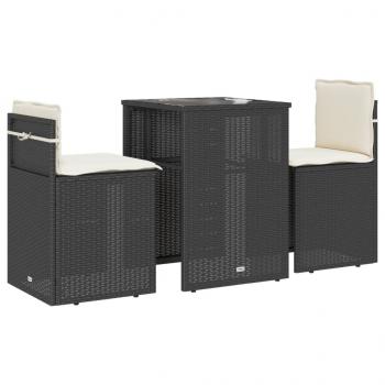 3-tlg. Bistro-Set mit Kissen Schwarz Poly Rattan