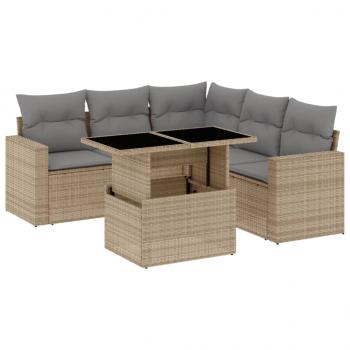 6-tlg. Garten-Sofagarnitur mit Kissen Beige Poly Rattan