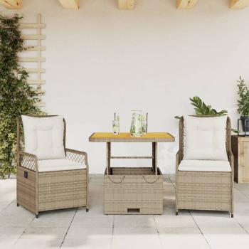 ARDEBO.de - 3-tlg. Garten-Essgruppe mit Kissen Beige Poly Rattan