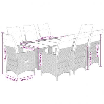 9-tlg. Garten-Bistro-Set mit Kissen Grau Poly Rattan