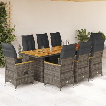 ARDEBO.de - 9-tlg. Garten-Bistro-Set mit Kissen Grau Poly Rattan