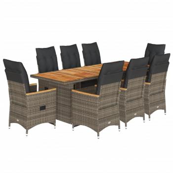 9-tlg. Garten-Bistro-Set mit Kissen Grau Poly Rattan