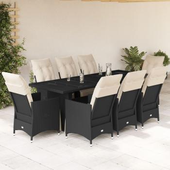 ARDEBO.de - 9-tlg. Garten-Bistro-Set mit Kissen Schwarz Poly Rattan