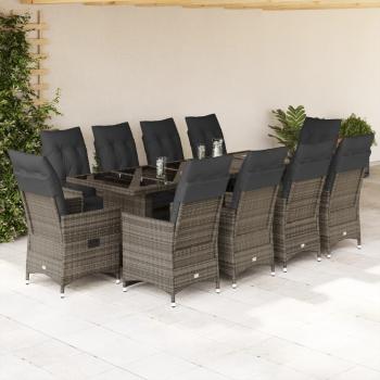 ARDEBO.de - 11-tlg. Garten-Bistro-Set mit Kissen Grau Poly Rattan