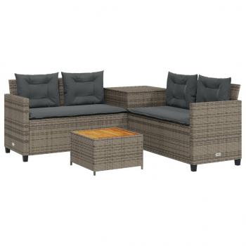 Gartensofa in L-Form mit Tisch und Kissen Grau Poly Rattan