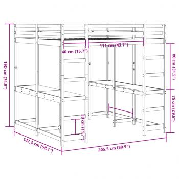 Hochbett mit Schreibtisch & Leiter Braun 140x200 cm Kiefernholz