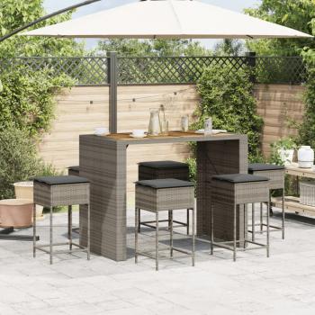 7-tlg. Gartenbar-Set mit Kissen Grau Poly Rattan