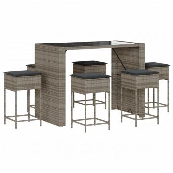 7-tlg. Gartenbar-Set mit Kissen Grau Poly Rattan