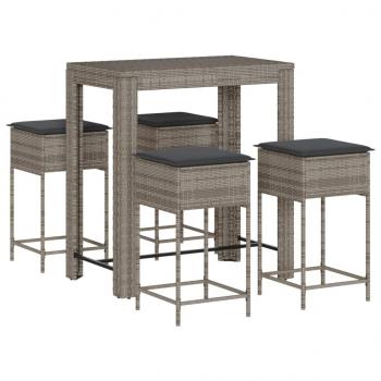 5-tlg. Gartenbar-Set mit Kissen Grau Poly Rattan