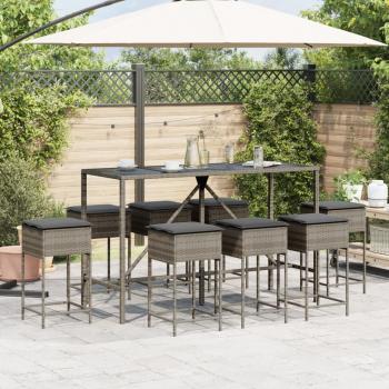 9-tlg. Gartenbar-Set mit Kissen Grau Poly Rattan