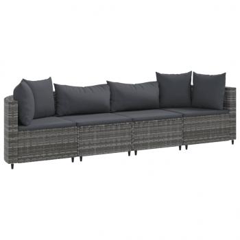 4-tlg. Garten-Sofagarnitur mit Kissen Grau Poly Rattan