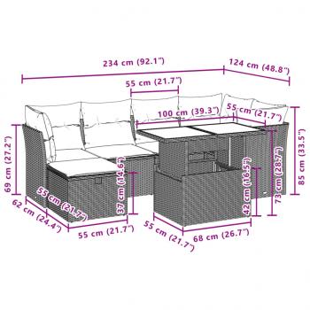 7-tlg. Garten-Sofagarnitur mit Kissen Braun Poly Rattan