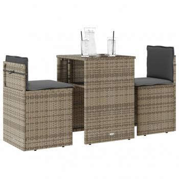 ARDEBO.de - 3-tlg. Bistro-Set mit Kissen Grau Poly Rattan