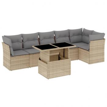 7-tlg. Garten-Sofagarnitur mit Kissen Beige Poly Rattan