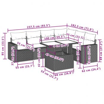 7-tlg. Garten-Sofagarnitur mit Kissen Braun Poly Rattan