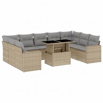 10-tlg. Garten-Sofagarnitur mit Kissen Beige Poly Rattan