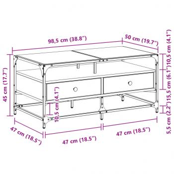 Couchtisch mit Glasplatte Braun Eichen-Optik 98,5x50x45cm Stahl