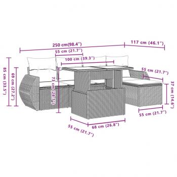 6-tlg. Garten-Sofagarnitur mit Kissen Beige Poly Rattan