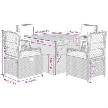 5-tlg. Garten-Essgruppe mit Kissen Grau Poly Rattan