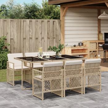 ARDEBO.de - 7-tlg. Garten-Essgruppe mit Kissen Beige Poly Rattan