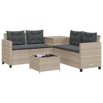 Gartensofa in L-Form mit Tisch und Kissen Hellgrau Poly Rattan