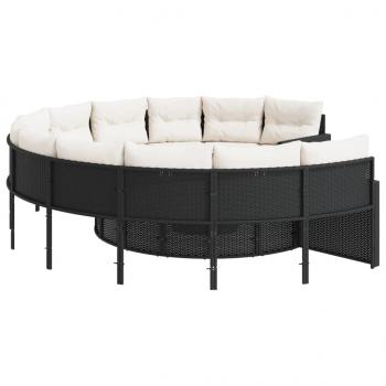 Gartensofa mit Tisch und Kissen Rund Schwarz Poly-Rattan