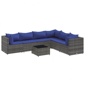 7-tlg. Garten-Lounge-Set mit Kissen Grau Poly Rattan