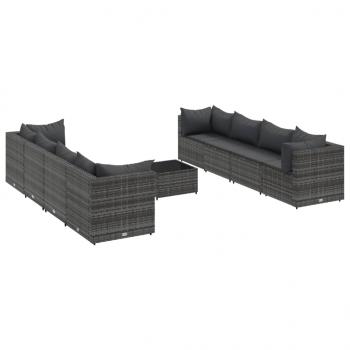 9-tlg. Garten-Lounge-Set mit Kissen Grau Poly Rattan